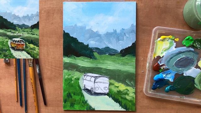 Картина "Ретро-Автобус". Подробный урок по живописи! смотреть онлайн