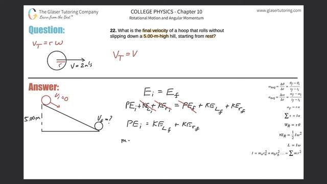 10.22 | What is the final velocity of a hoop that rolls without slipping down a 5.00-m-high hill смотреть онлайн