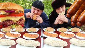 ХОТ-ДОГ БУРГЕР СОСИСКА В ТЕСТЕ КТО БОЛЬШЕ И БЫСТРЕЕ СЪЕСТ МНОГО ЕДЫ