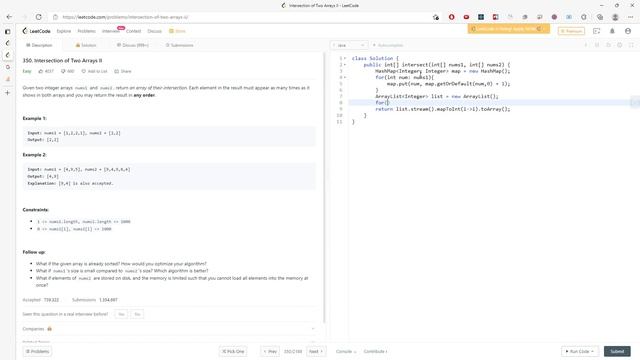 LeetCode 350 | Intersection of Two Arrays II | HashMap | Java смотреть онлайн