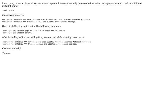 Ubuntu: configure: WARNING: \*\*\* Please install the SQLite3 development package смотреть онлайн