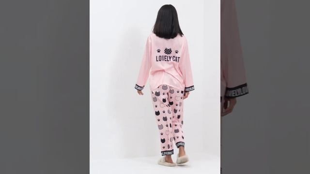 Розовая женская шелковая пижама Meilu длинный рукав с принтом смотреть онлайн