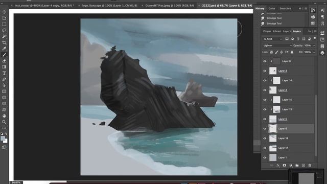 Быстрый набросок морского пейзажа с камнями в Photoshop смотреть онлайн