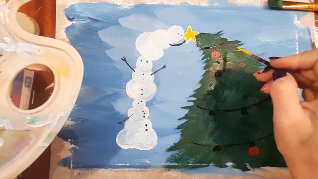 Как нарисовать снеговиков и елку, красками гуашь. Мастер класс, рисуем новый год красками. смотреть онлайн