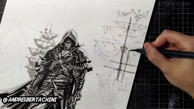 Drawing Assassin's Creed: Black Flag Edward Kenway ☠️🏴☠️⚔️ Desenhando game art tutorial time-laps смотреть онлайн