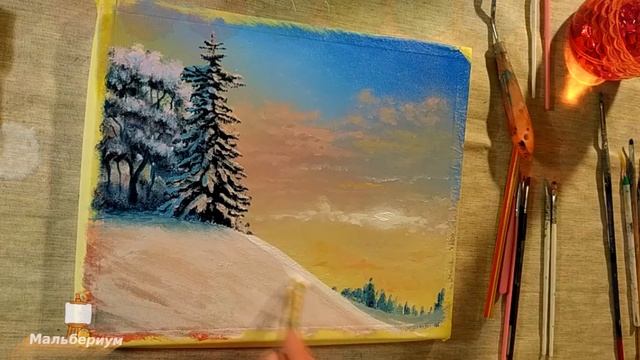 Рисуем Акрилом зимний пейзаж в теплых тонах смотреть онлайн