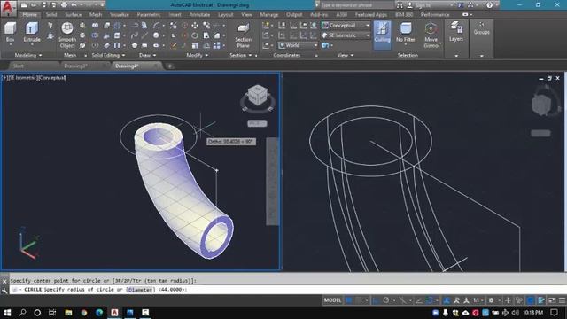 Autocad 3D modeling Example Pipe Bend at 45 смотреть онлайн