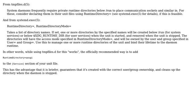 Unix & Linux: What's the best way to have uwsgi create a '/run/uwsgi' folder on reboot? смотреть онлайн