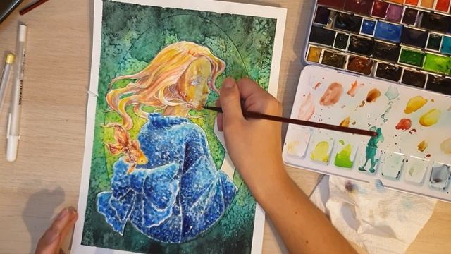 Полный процесс раскрашивания / Эффектный фон с помощью акварели и соли