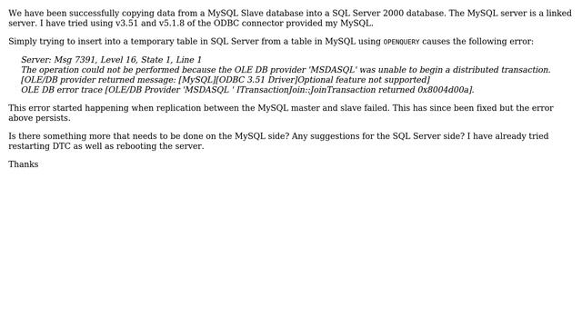 Databases: Distributed Transactions between SQL Server 2000 & MySQL Stopped Working (2 Solutions!!) смотреть онлайн