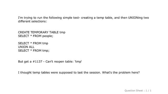 MySQL : Can't UNION ALL on a temporary table? смотреть онлайн
