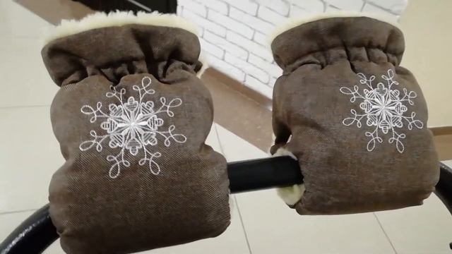 Рукавички Муфта на коляску Ok Style Снежинка Лен Серо коричневый смотреть онлайн