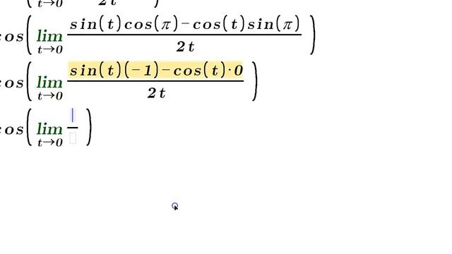 Limit cos(sin(t+pi)/2t) as t goes to 0 смотреть онлайн