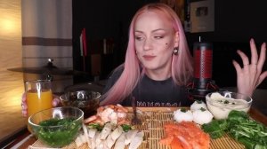 MUKBANG | Форель, креветки, кальмары, рис | salmon, shrimp, squid, rice не ASMR
