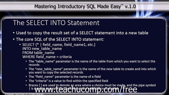 SQL Training - Structured Query Language Tutorial - The SELECT INTO Statement Lesson смотреть онлайн