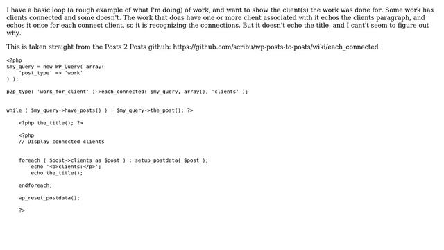 Wordpress: Posts 2 posts plugin loop echo the_title not working смотреть онлайн