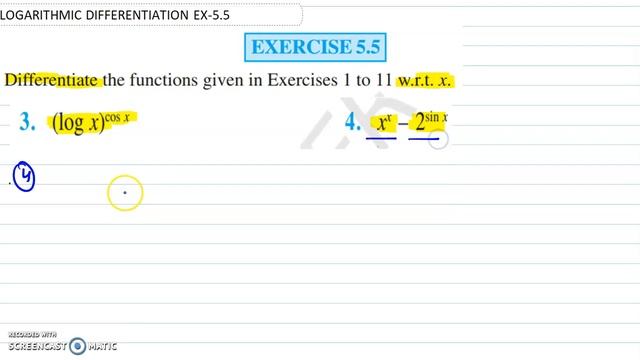 Differentiate w.r.t x | (log x)^cos x | x^x - 2^sin x | logarithmic differentiation | class 12 | смотреть онлайн