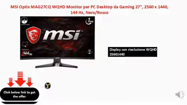 MSI Optix MAG27CQ WQHD Monitor Per PC Desktop Da Gaming 27, 2560 X 1440, 144 Hz, NeroRosso