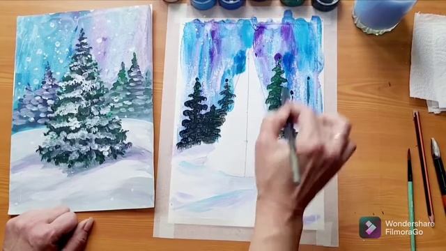 видео по Изо для детей и начинающих. Пейзаж гуашью:" Красавица елка" смотреть онлайн