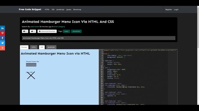Animated Hamburger Menu Icon via HTML, CSS and JavaScript смотреть онлайн