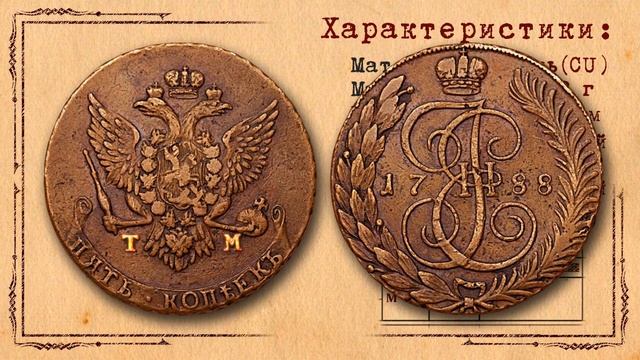 Монета 5 копеек 1788 года: ЕМ, ММ, СПМ, ТМ, КМ смотреть онлайн