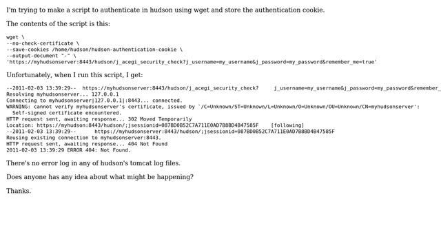 DevOps & SysAdmins: Hudson authentication via wget is return http error 302 смотреть онлайн