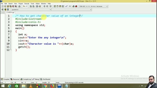 C++ program how to get character of an integer ASCII value смотреть онлайн
