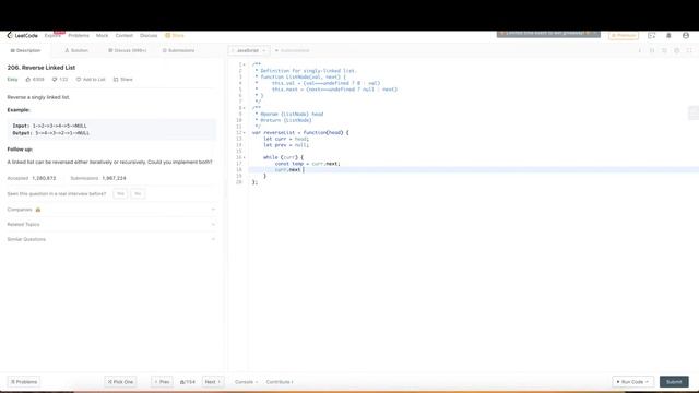 [LeetCode] 206. Reverse Linked List смотреть онлайн