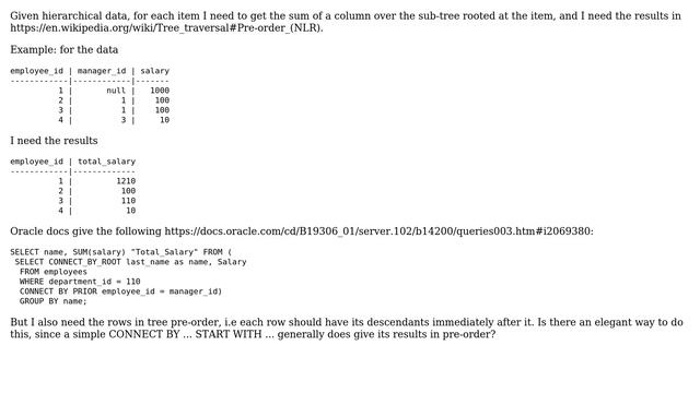 Oracle hierarchical query: aggregate over each node's descendants, give results in tree pre-order смотреть онлайн