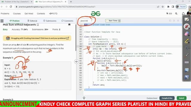 Max Sum without Adjacents || Brute Force || Paytm || Amazon || GFG POTD || JAVA Code || C++ Code || смотреть онлайн