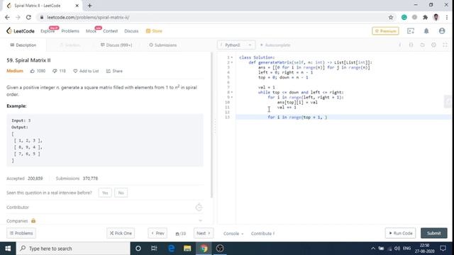 Spiral Matrix II Leetcode Solution | Python смотреть онлайн