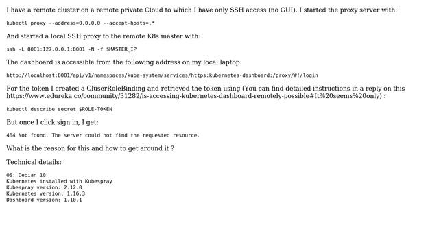 Error 404 when trying to access Kubernetes dashboard from remote laptop using SSH proxy смотреть онлайн