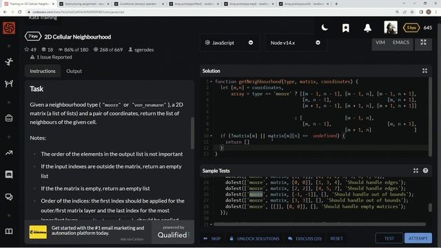 Codewars 7 kyu 2D Cellular Neighbourhood JavaScript смотреть онлайн