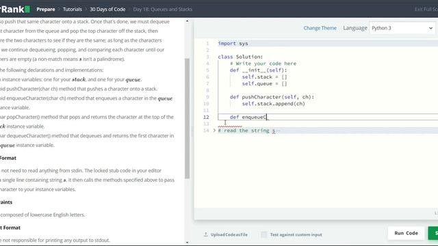 HackerRank 30 Days of Code | Day 18: Queues and Stacks | Python смотреть онлайн