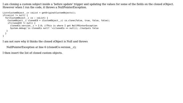 Salesforce: Null Pointer Exception on a cloned sObject смотреть онлайн