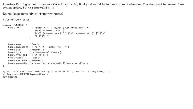Code Review: Parsing a C++ function declaration with Perl 6 grammar смотреть онлайн