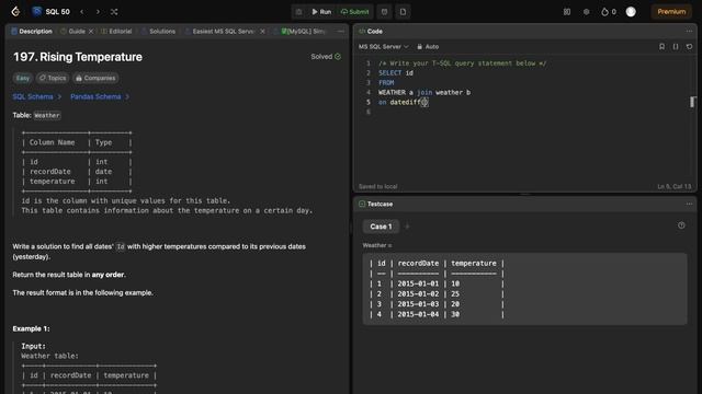 197. Rising Temperature | SQL 50 | Leetcode | SQL Interview | Self join | Datediff смотреть онлайн