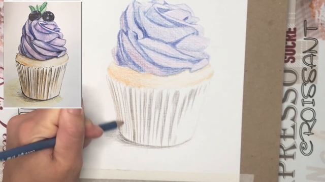 Рисуем черничный кекс акварельными карандашами. How to draw a cupcake with pencils. смотреть онлайн