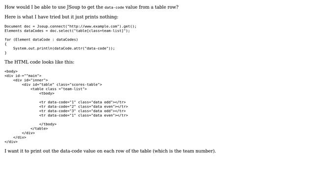 Using JSoup to get data-code value of a table смотреть онлайн