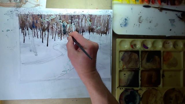 "Зимний ручей" акварельный пейзаж в сближенной цветовой гамме смотреть онлайн