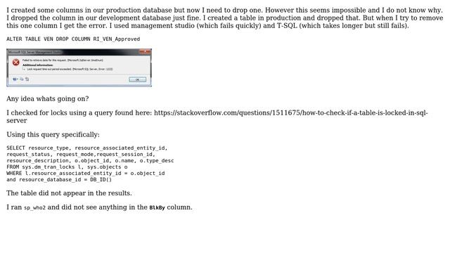 What causes "lock request time out period exceeded" when droping a column? смотреть онлайн