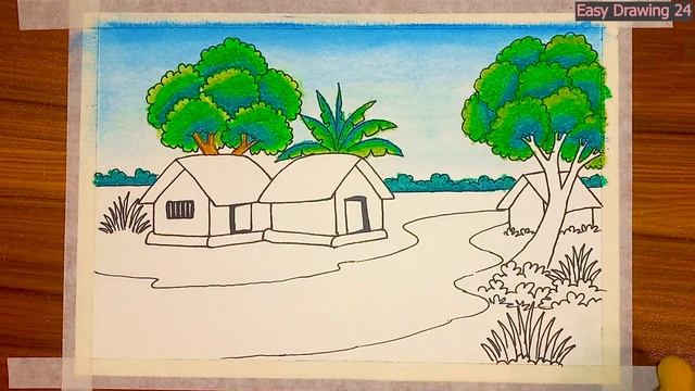 How to draw easy scenery drawing with oil pastel landscape village scenery | village house drawing смотреть онлайн