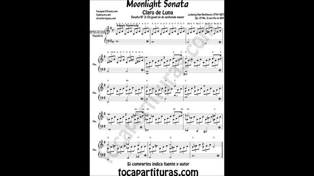 Moonlight Sonata Piano Sheet Music for begginers in key E minor смотреть онлайн