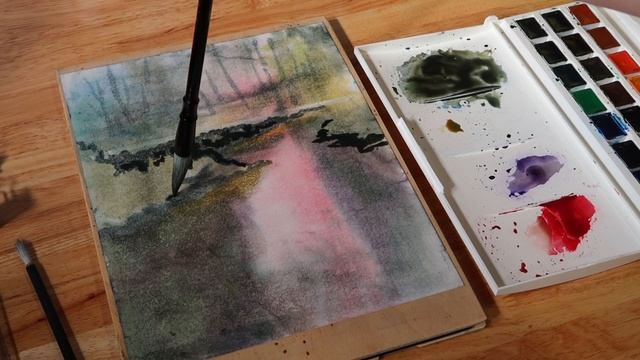 Акварель Озеро. Эксперимент на дешёвой бумаге для акварели. смотреть онлайн