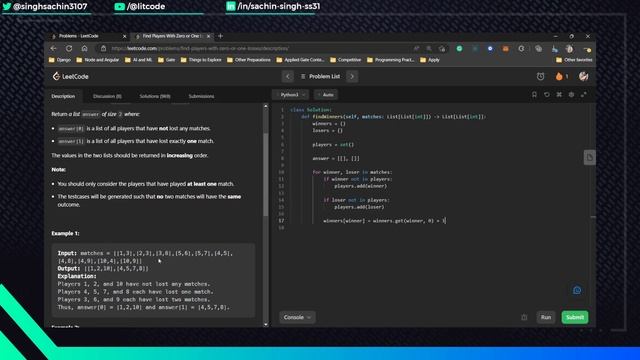 Leetcode 2225. Find Players With Zero or One Losses - Python Solution смотреть онлайн