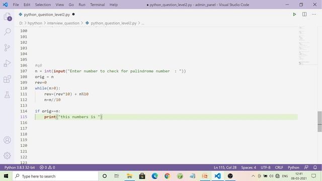Q8 Python Question | W A P to Check whether a given no is Palindrom no or not | python for beginner смотреть онлайн