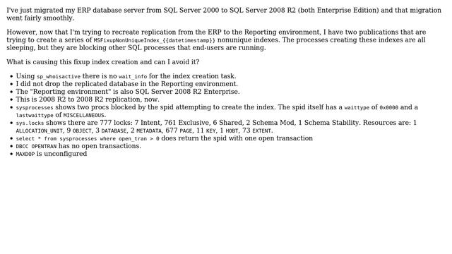 Transactional replication creating a fixup index that's sleeping, but blocking other processes смотреть онлайн