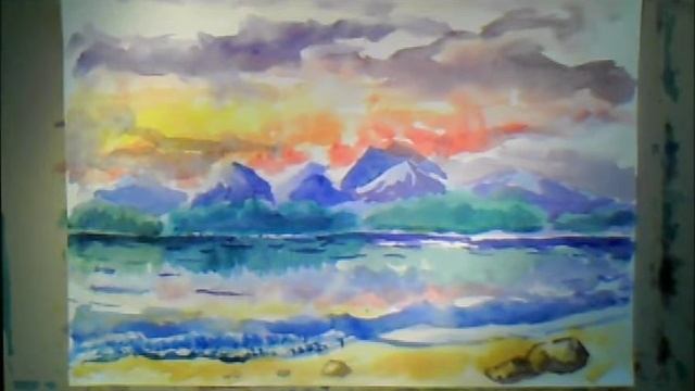 Paint landscape, sea, sunset, watercolor. смотреть онлайн