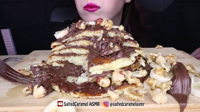ASMR: PANCAKES ? WITH CHOCOLATE SPREAD, BANANA & NUTS | No Talking | Eating Sounds смотреть онлайн