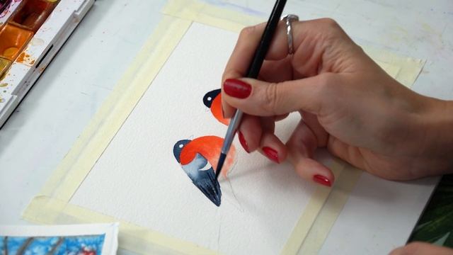 ПРОСТОЙ УРОК АКВАРЕЛИ / СНЕГИРИ / НОВОГОДНЯЯ КАРТИНКА - ОТКРЫТКА / #акварель #открытка #урок смотреть онлайн